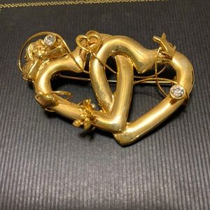 VINTAGE VALENTINES DAY DOUBLE HEART, CUPID & CRYSTAL BROOCH